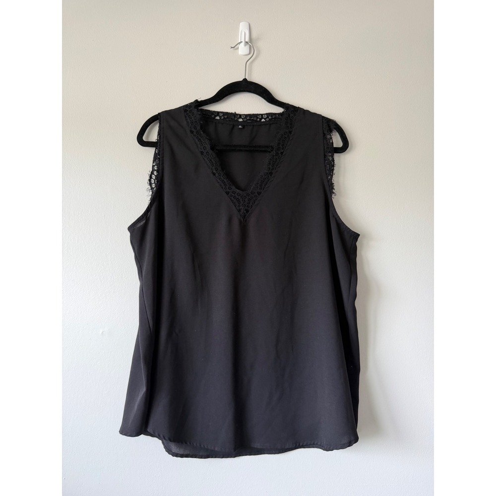 Girly Sleeveless Black V-Neck Blouse Lace Trim Women XL Tank Top